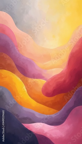 Obraz na płótnie Abstract watercolor illustration with wavy shapes, soft colors. Warm shades orange, yellow, red blend with violet, grey, pink. Minimalist graphic design for backgrounds, wallpapers, textile prints. w salonie