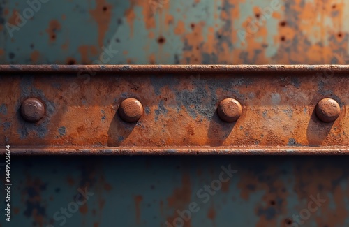 Obraz na płótnie Closeup rusty metal beam with rivets. Aged steel beam, corroded surface, abstract pattern. Grunge industrial design, weathered texture, old architectural detail. Industrial background for w salonie