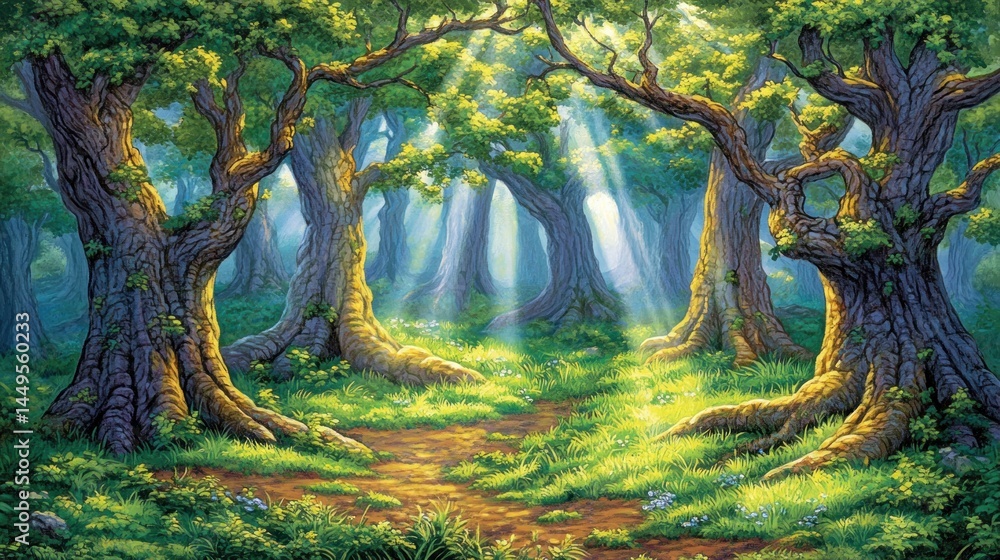 Obraz premium Sunlit woodland path, bathed in golden rays of light.