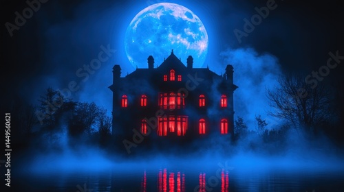 Ominous house glows red, with a bright moon