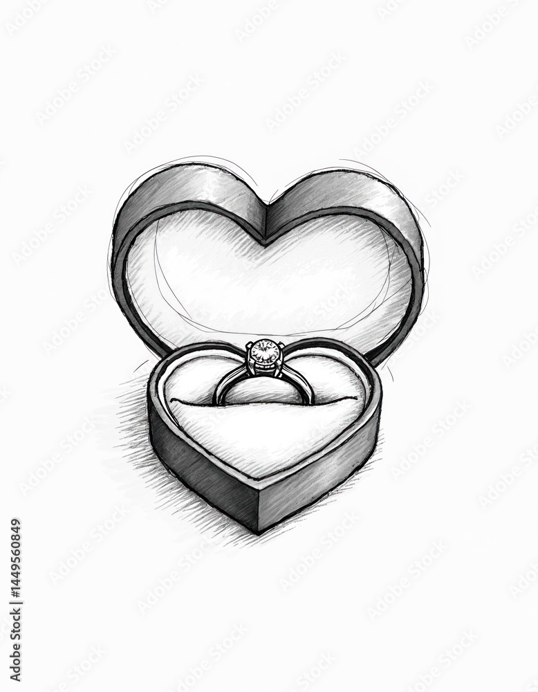 Illustration engagement ring in heart-shaped box. Diamond ring inside open gift box. Proposal concept. Symbol of love. Marriage proposal. Elegant sketch, black and white.
