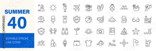 Summer icon set. Containing beach, surfing, sun, ice cream, vacation, travel, cocktail, sea, suntan, sunblock, swimsuit, coconut and more. Editable line icons. Vector illustration.
