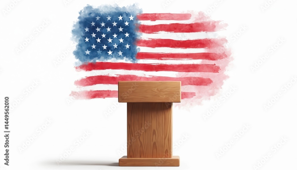 Watercolor painting wooden podium stage in front of American flag backdrop. Podium, flag symbolize democracy, public speaking, leadership, values. Perfect for political, governmental, patriotic,