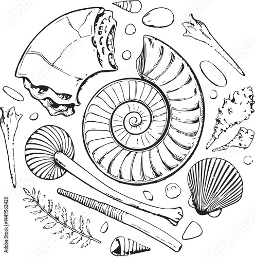 fossils shells Black and White Vector Illustration, Sketch Drawing Line Linear Symbol Icon Engraving, Hand-drawn Isolated