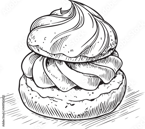 Cream puff Pastry Dessert Black and White Vector Illustration, Sketch Drawing Line Linear Symbol Icon Engraving, Hand-drawn Isolated