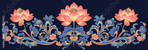 Pink lotus and scrollwork intertwine on a dark blue background, showcasing the elegance and harmony of Eastern art.