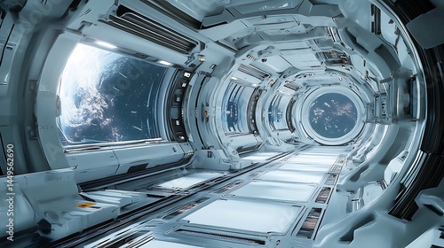 Fototapeta Naklejka Na Ścianę i Meble -  Walking Through a Futuristic Space Station Corridor with Earth View