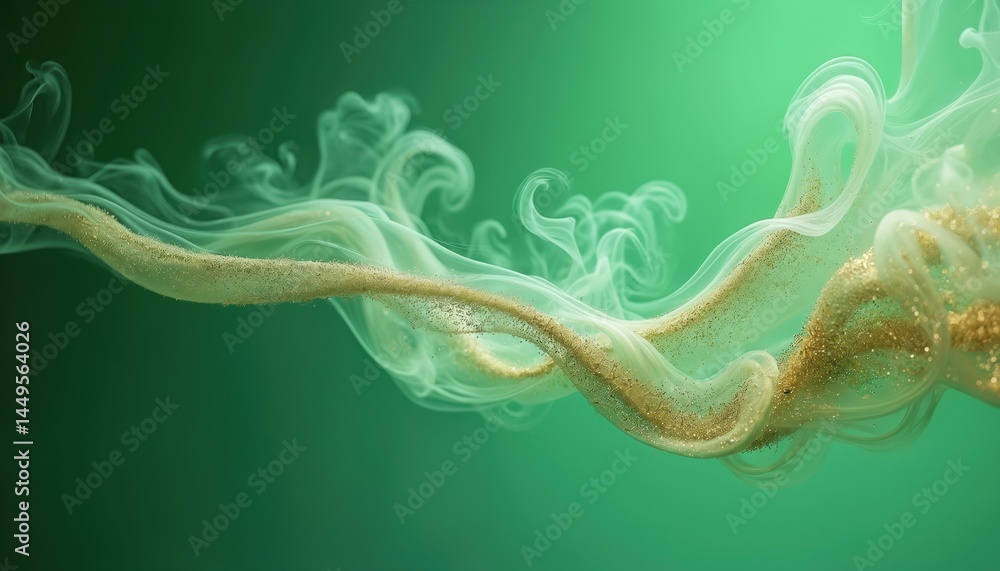 Abstract illustration of swirling golden glitter in smoke form, against bright green backdrop. Liquid texture creates dreamy, modern, fresh vibe. Ideal for beauty tech, wellness, luxury, holiday,