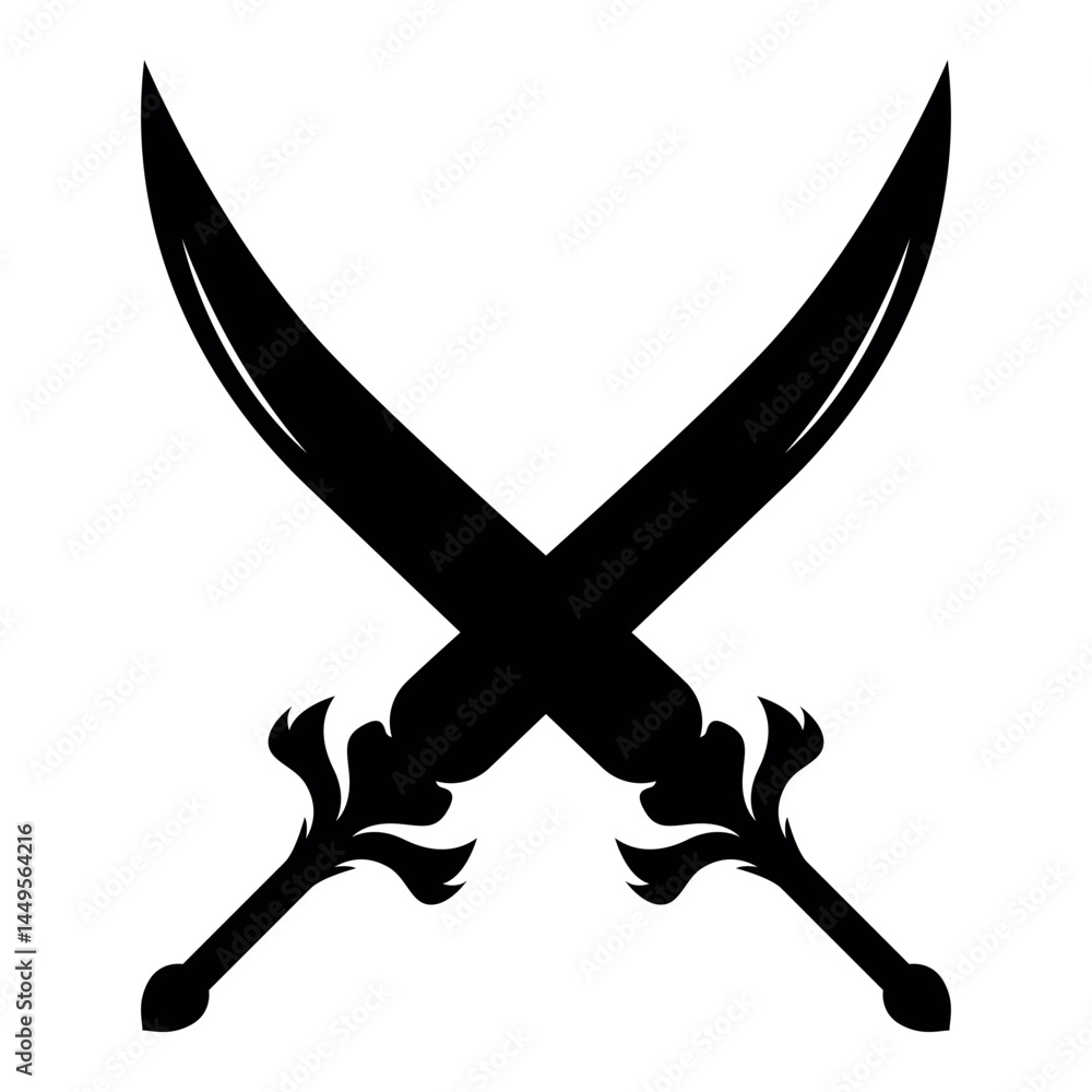 Naklejka premium Curved scimitars crossed sword vector isolated on transparent background