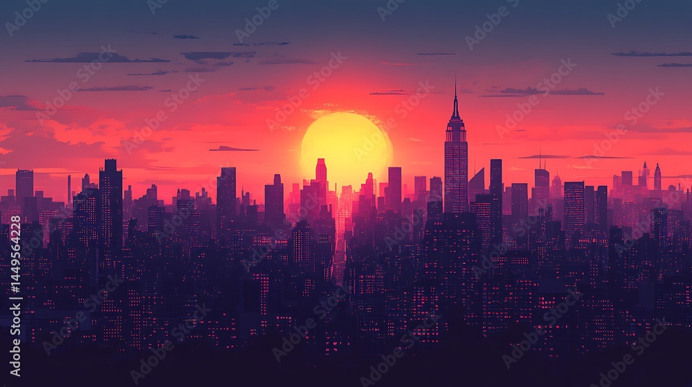 Fototapeta premium Sunset over a vibrant cityscape skyline
