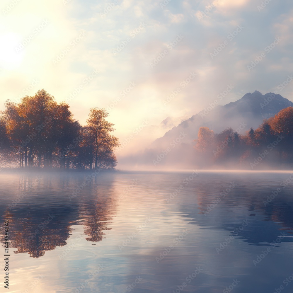 Fototapeta premium Misty lake sunrise landscape