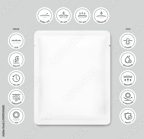 Sachet bag mockup for facial mask, beauty samples with set icons. Vector illustration isolated on grey background. Flat lay view. Can be use for template your design, presentation, promo, ad. EPS10.