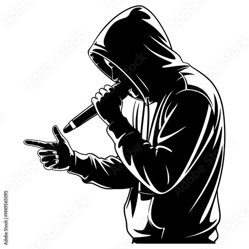 Silhouette of a person in a hoodie freestyle rapping into a mic with one hand gesturing forward, street music vibe, all black on white.