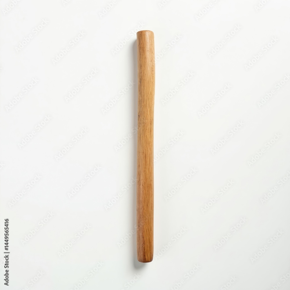 Obraz premium Single light brown wooden stick isolated white background. Natural textured wood grain material object element. Rustic design simple craft, hand-made tool, utensil. Vertical upright.