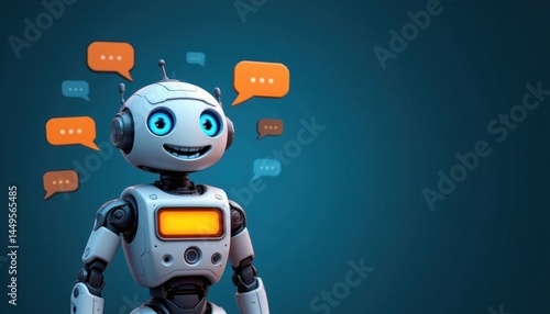 d rendering of a smiling robot on the left side of the image, with mock up text bubbles and messages, ample copy space on the right side for photos.