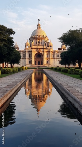 Sunrise reflection of Victoria Memorial, Kolkata, India, historical landmark