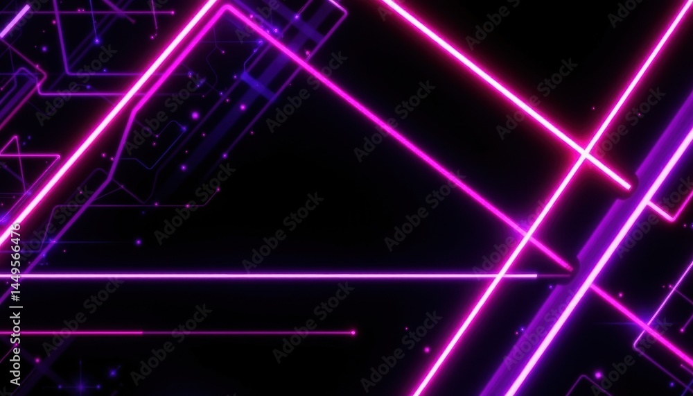 Obraz premium abstract geometric background with neon lines in ultraviolet light, monochrome tones, subject positioned at top with clear copy space at bottom.