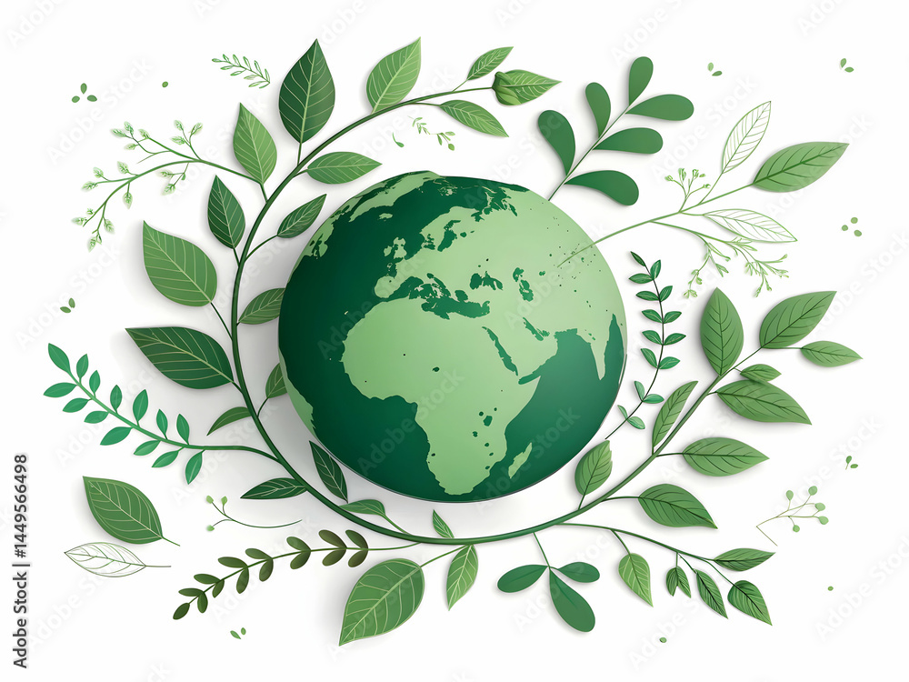 Green Earth Globe Surrounded by Leaves Eco Friendly Illustration Green Earth Globe Surrounded by Leaves Eco Friendly Illustration