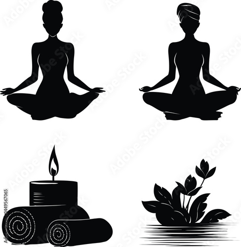 Set of Four Wellness and Meditation-Themed Silhouettes Featuring Two Individuals in Meditative Poses, a Candle with Rolled Towels, and a Floral Water Element | Tranquility and Self-Care Representation