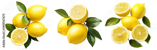 Wallpaper Mural Set of yellow lemons with vibrant green leaves isolated on white transparent background, representing freshness and citrus fruits Torontodigital.ca