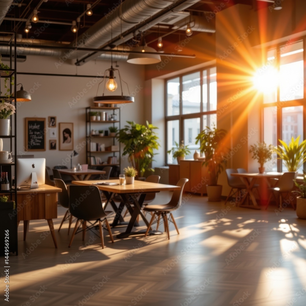 subject on the right in a coworking space background, under a solar flare, with clear copy space on the left for photos. subject on the right in a coworking space background, under a solar flare, with clear copy space on the left for photos.