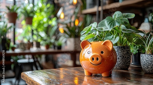 Orange piggy bank on wooden table with green plants