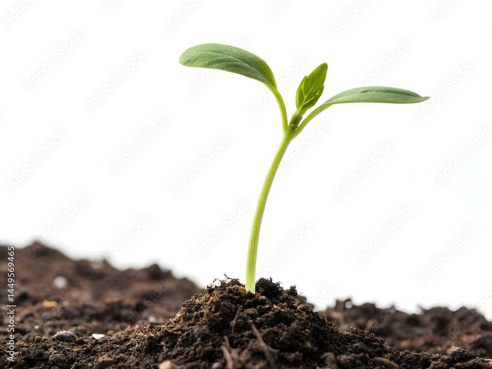 Growing Plant Emerging From Soil with Green Leaves on White Background Growing Plant Emerging From Soil with Green Leaves on White Background
