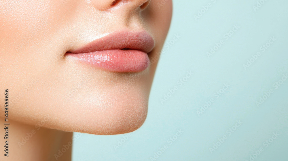 Obraz premium Close up of woman lips showcasing smooth skin and natural glow, evoking sense of beauty and elegance