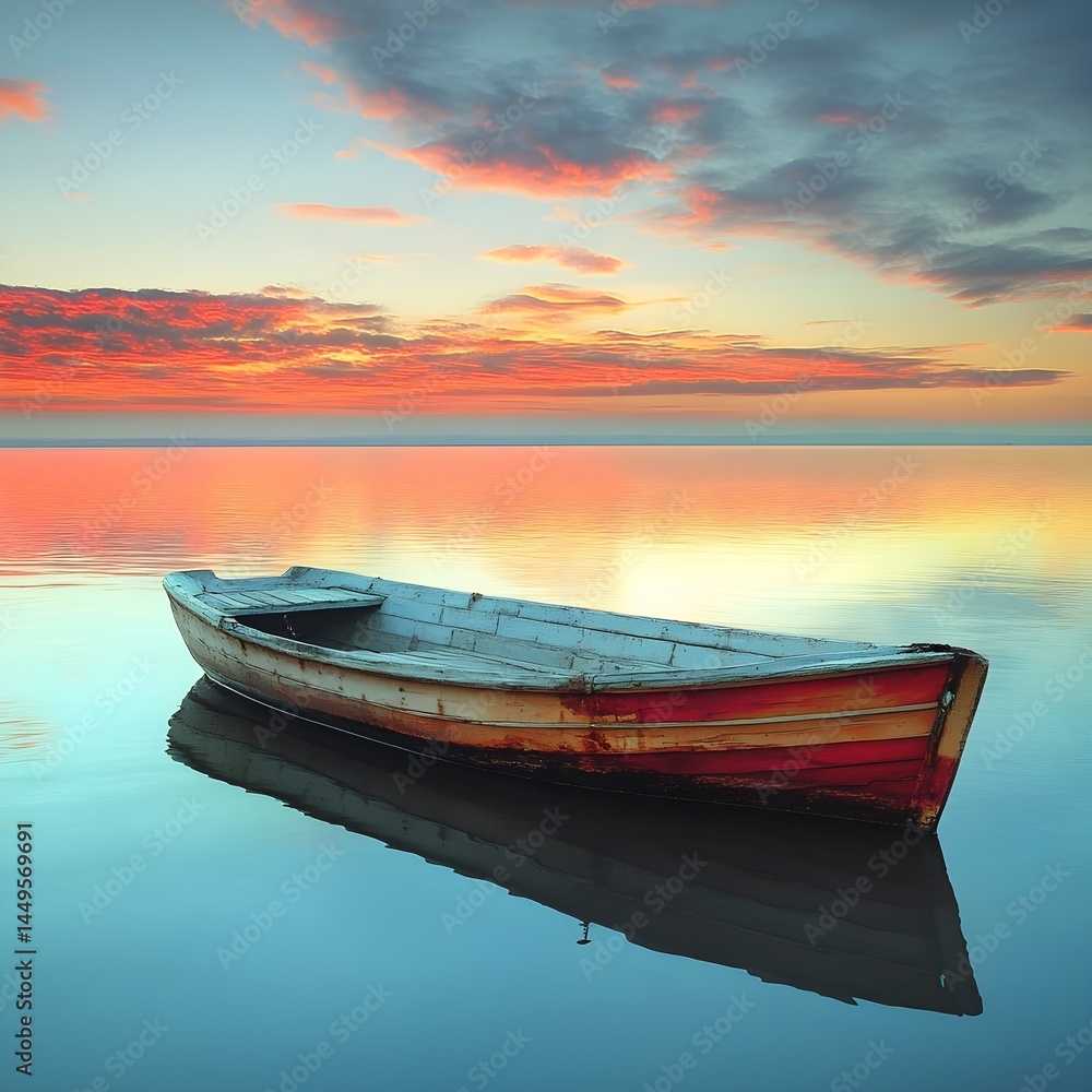 Solitary Wooden Boat on Calm Water at Sunset – Serene Nature Landscape Reflection Solitary Wooden Boat on Calm Water at Sunset – Serene Nature Landscape Reflection