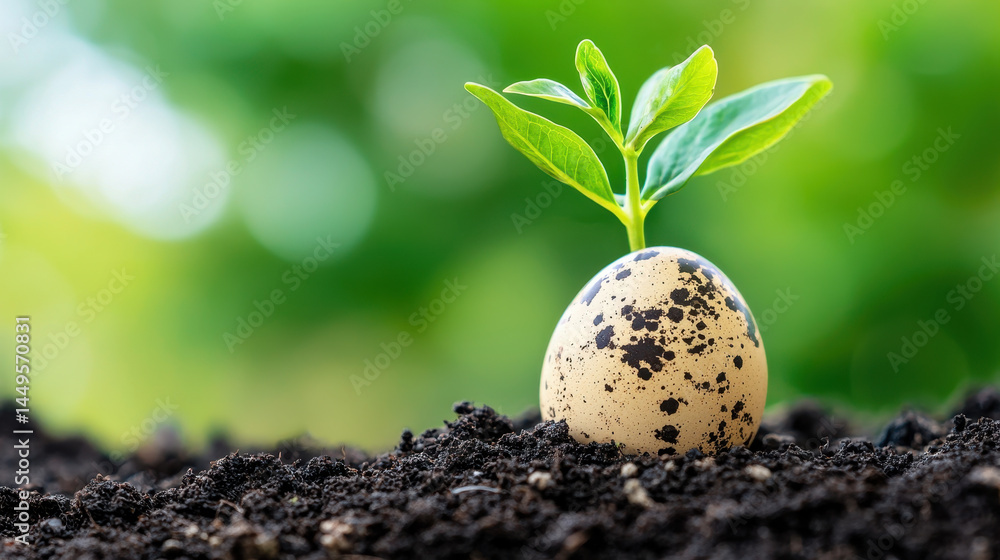 Sprouting plant emerges from speckled egg, symbolizing growth and new beginnings in natural setting Sprouting plant emerges from speckled egg, symbolizing growth and new beginnings in natural setting