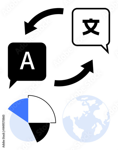 Speech bubbles with letters and characters connected by arrows, pie chart, and globe emphasizing global communication. Ideal for translation, globalization, data, localization, technology, culture