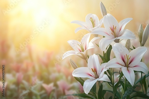 Elegant white lilies blooming against a soft, sunny blurred background. Ideal for representing purity, sympathy, or celebrating special events.