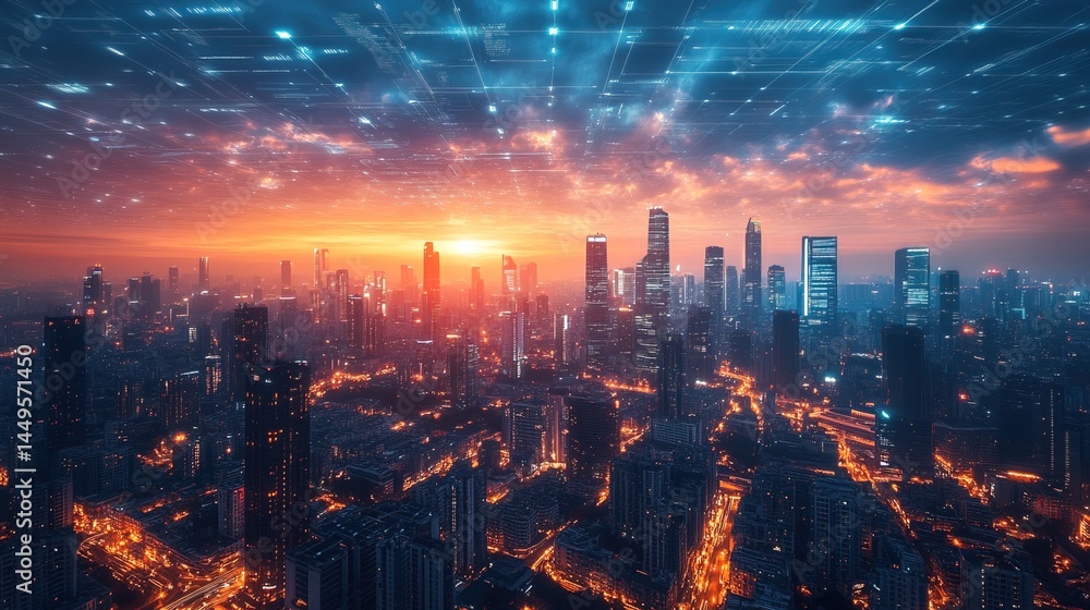 Fototapeta premium Futuristic City at Sunset