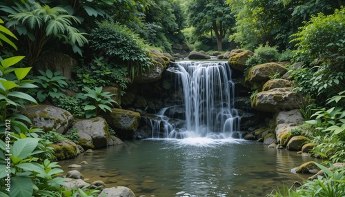 Tranquil Waterfall Flowing Through Lush Green Forest