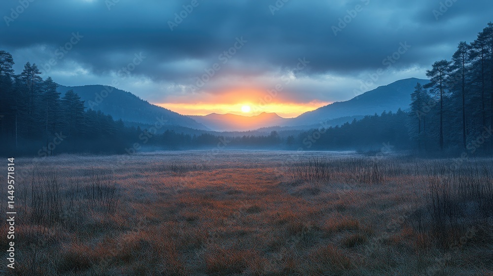 Fototapeta premium Serene Dawn Landscape with Mountains, Trees and a Meadow Radiating Light