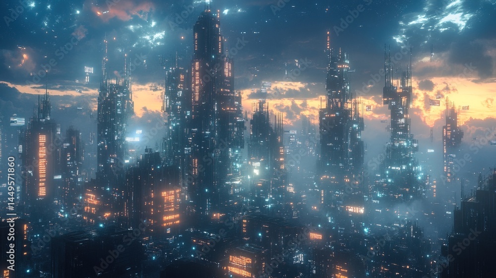 Fototapeta premium Futuristic Cityscape at Sunset