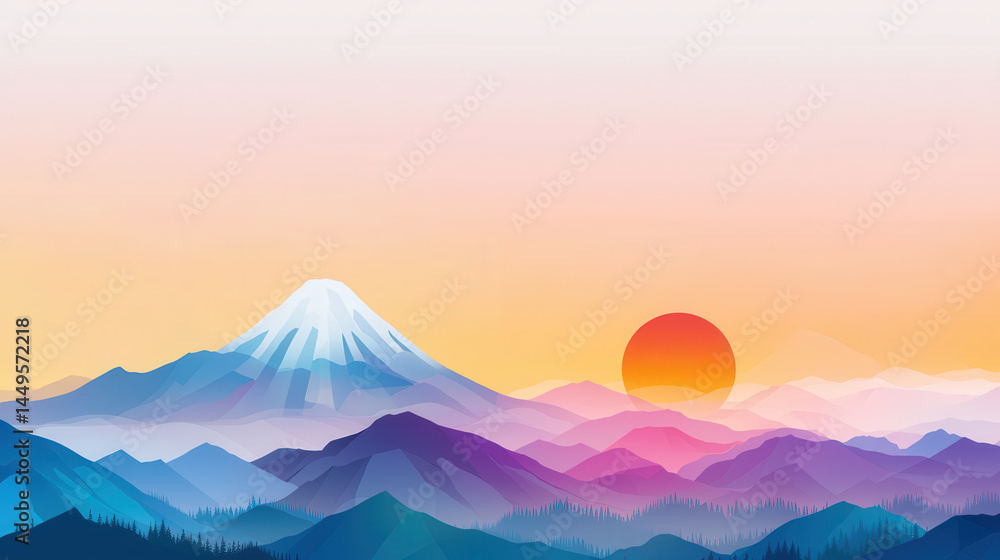 Obraz premium Serene landscape featuring snow capped mountain, vibrant sunset, and layered hills, evoking tranquility and beauty