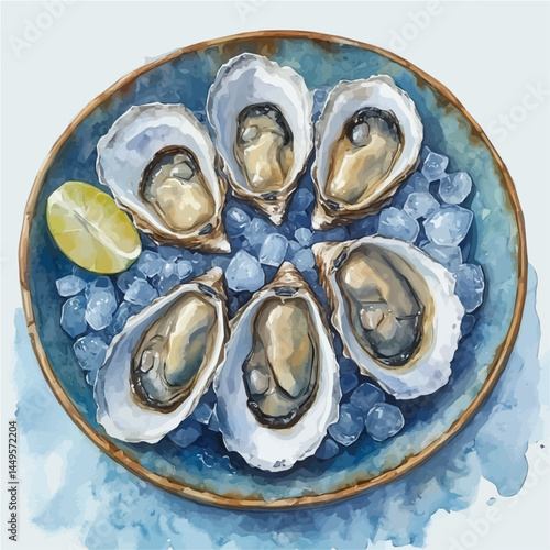 Oyster Platter On Crushed Ice, vector watercolor illustration, isolated on a white background.