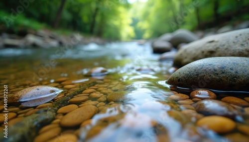 Obraz na płótnie Serene illustration captures tranquil river flows through vibrant forest. Water stream, stones, rocks, green trees, creating relaxing landscape scene. Natural beauty, idyllic natural environment, w salonie