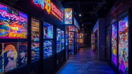 Tokyo, Japan, August 2022: In Akihabara, known for anime, retro neon signs light up shops at night. It feels like a futuristic, virtual world.
