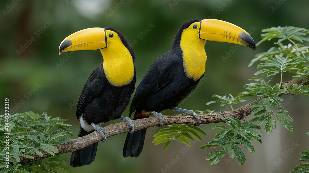 Naklejka premium The Tropical Duo: A stunning shot of two vibrant toucans perched elegantly on a tree branch, showcasing their characteristic large beaks and striking plumage.