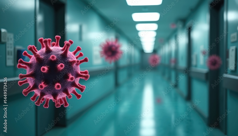 Illustration of virus pathogen in hospital environment. Virus particles float in hospital corridor, health risks of infectious diseases. Medical challenges of healthcare settings. Concept for science