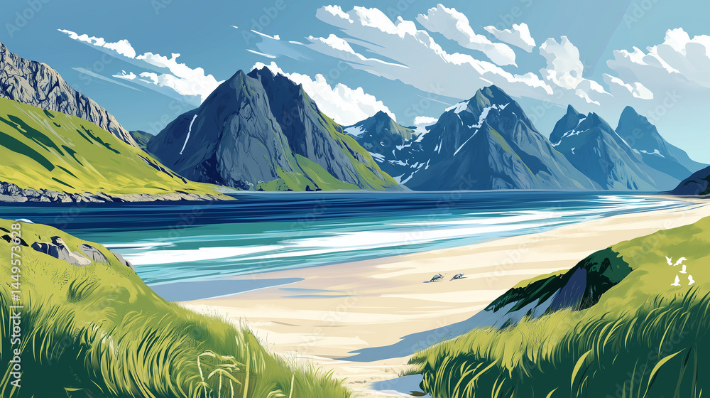 Fototapeta premium Illustration, uttakleiv beach on Lofoten island, Norway, touristic advertisement poster, travel poster. Beautiful beach and surrounding wilderness, nature in northern Europe. Beautiful unspoiled trave
