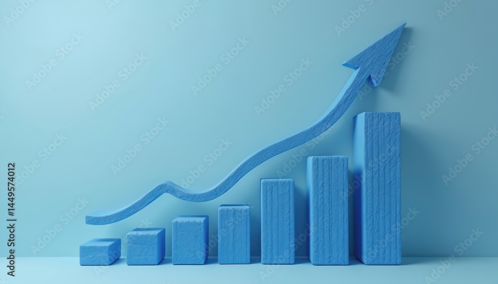 Blue graph with upward arrow. Business, financial growth, sales, profit, investment concept. Marketing chart, progress bar, increasing trend, economic growth, success.