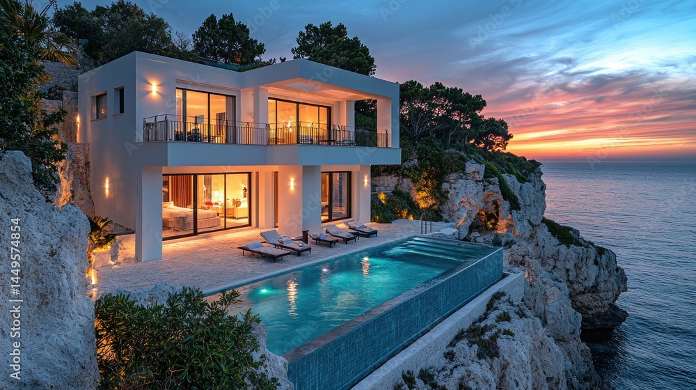 Fototapeta premium Luxury home with sunset pool view