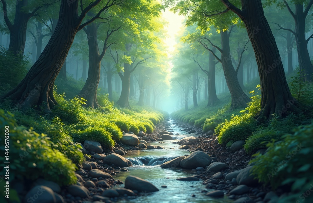 Worm eye view dense forest illustration. Stream flows through woods, rocks, trees, greenery. Sun shines, creating dreamlike atmosphere. Watercolor style image. Natural park landscape.