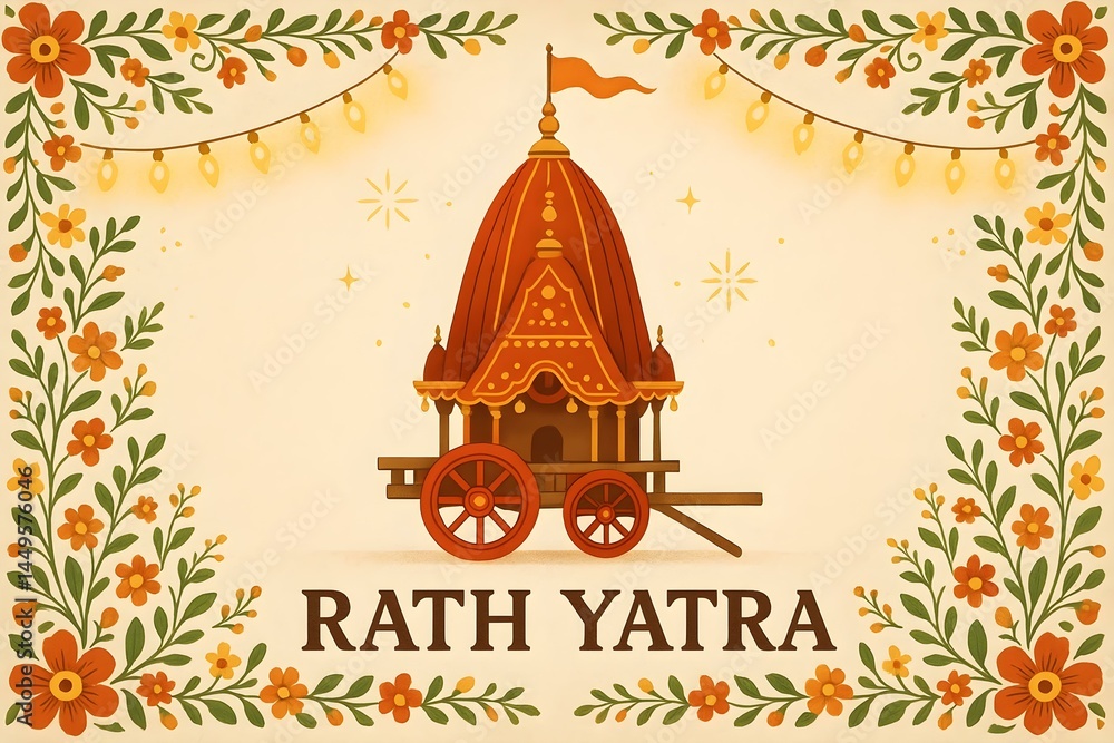 A decorative illustration of a traditional chariot with flowers and lights, labeled Rath Yatra. Concept Traditional Chariot Design, Rath Yatra Celebration, Floral Decorations, Festive Lights