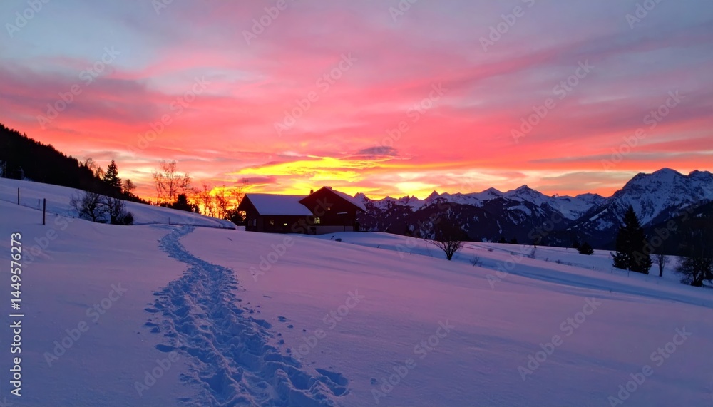 Snowy Winter Landscape at Sunset with Cabin and Mountain View Travel Destination Snowy Winter Landscape at Sunset with Cabin and Mountain View Travel Destination