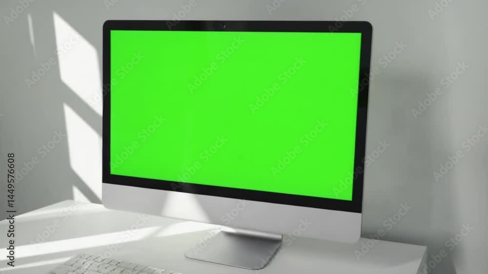 a desktop computer monitor with a bright green screen sits on a minimal desk the camera tracks left to right modern and clean a desktop computer monitor with a bright green screen sits on a minimal desk the camera tracks left to right modern and clean