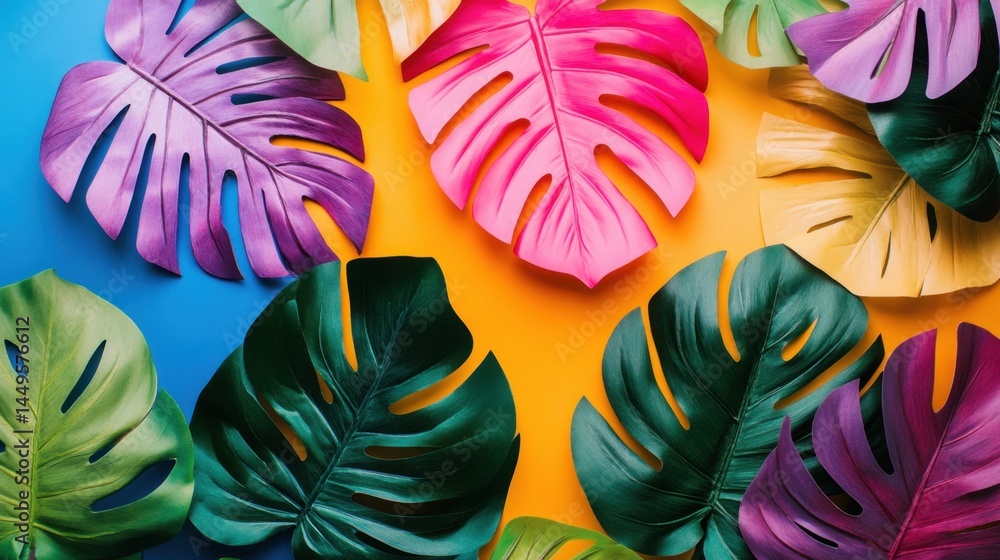 a vibrant arrangement of colorful tropical leaves on a bold background of blue and orange